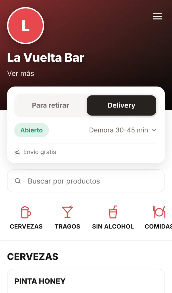 Tienda online del bar en el celular